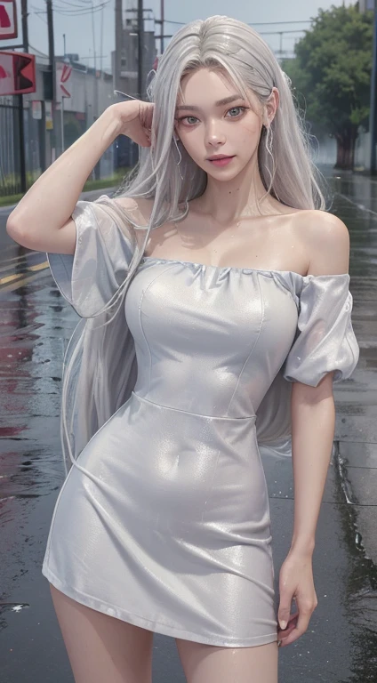 ((Highest quality, 8K, masterpiece:1.3)), concentrated: 1.2, Perfect Body Beauty: 1.4, Hips: 1.2, ((Long Hair)), (Wet clothes: 1.1) , (rain, street:1.3), Bandeau dress: 1.1, Highly detailed face and skin texture, Fine grain, double eyelid, White skin, smile, Big Breasts(((silverhair)))