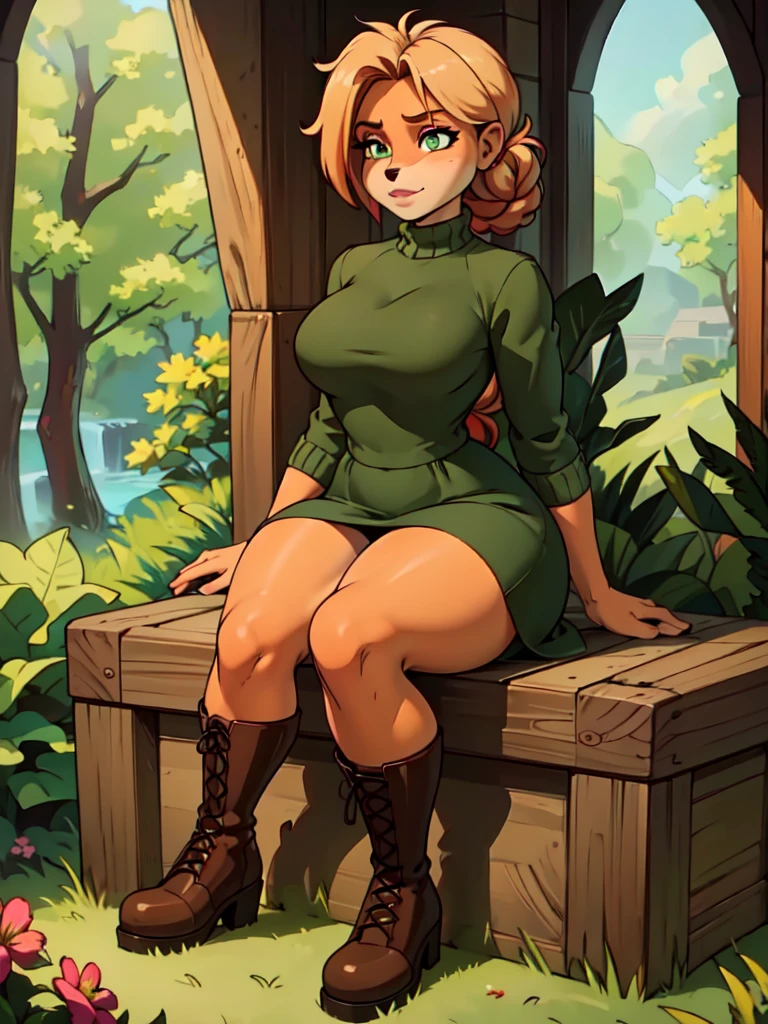 (best quality,4k,8k,highres,masterpiece:1.2),ultra-detailed,realistic:1.37,portrait,anthro bandicoot girl redhead, braided hair, beautiful green eyes, relaxing moment, sexy ,seductive, warm sweater dress, long skirt , stocking, army boots, 