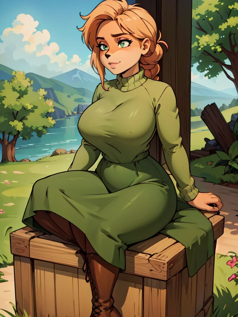 (best quality,4k,8k,highres,masterpiece:1.2),ultra-detailed,realistic:1.37,portrait,anthro bandicoot girl redhead, braided hair, beautiful green eyes, relaxing moment, sexy ,seductive, warm sweater dress, long skirt , stocking, army boots, 