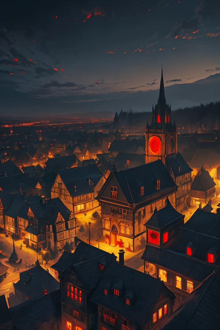 old European village shot with bird view, (Red glowing eyes), masterpiece, Depth of written boundary, Lutz, Gwaites style artwork, Gothic aesthetics, Dark Vampire village, ((in the dark gothic style cathle:1)), ((dark mid-night time:1.5)),