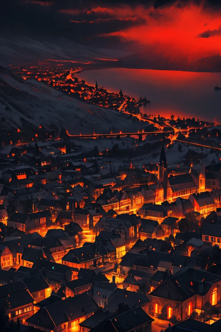 vieux village européen tourné avec vue sur les oiseaux, (yeux rouges brillants), chef-d&#39;œuvre, Profondeur de la limite écrite, Lutz, Oeuvre de style Gwaites, Esthétique gothique, Village des vampires sombres, ((dans le style gothique sombre:1)), ((il fait sombre à minuit:1.5)),