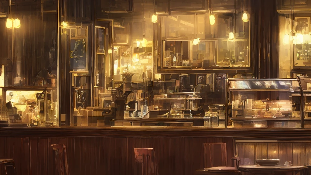 (8K、RAWE Photo、Highest quality、masterpiece:1.2)、Highest quality、Ultra-high resolution、Emotional Girls)Coffee shop、chill,Retro,evening、Narrow interior