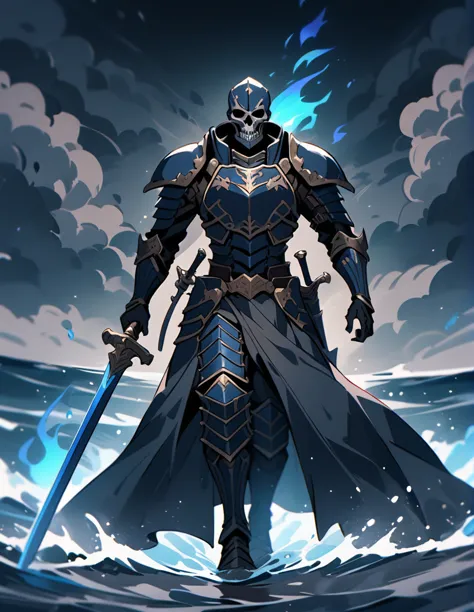 skeletons armed with swords, walking through the ocean with blue flames, on a stormy gray night, killing a soldier in armor