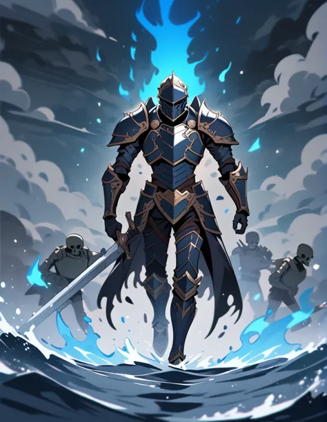 skeletons armed with swords, walking through the ocean with blue flames, on a stormy gray night, killing a soldier in armor
