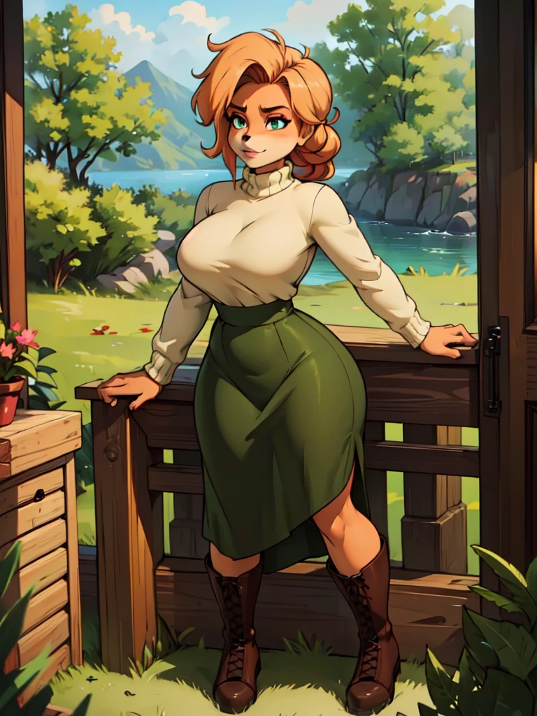 (best quality,4k,8k,highres,masterpiece:1.2),ultra-detailed,realistic:1.37,portrait,anthro bandicoot girl redhead, braided hair, beautiful green eyes, relaxing moment, sexy ,seductive, warm sweater dress, long skirt , black stocking, army boots, 