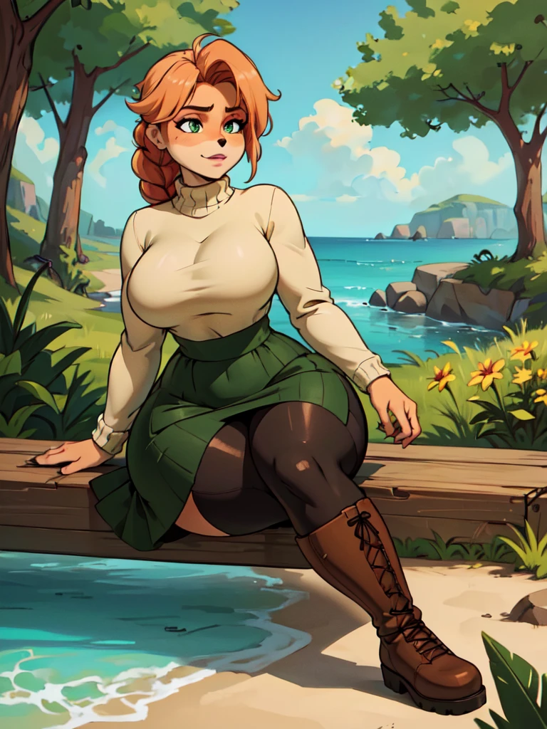 (best quality,4k,8k,highres,masterpiece:1.2),ultra-detailed,realistic:1.37,portrait,anthro bandicoot girl redhead, braided hair, beautiful green eyes, relaxing moment, sexy ,seductive, warm sweater dress, long skirt , black stocking, army boots, 