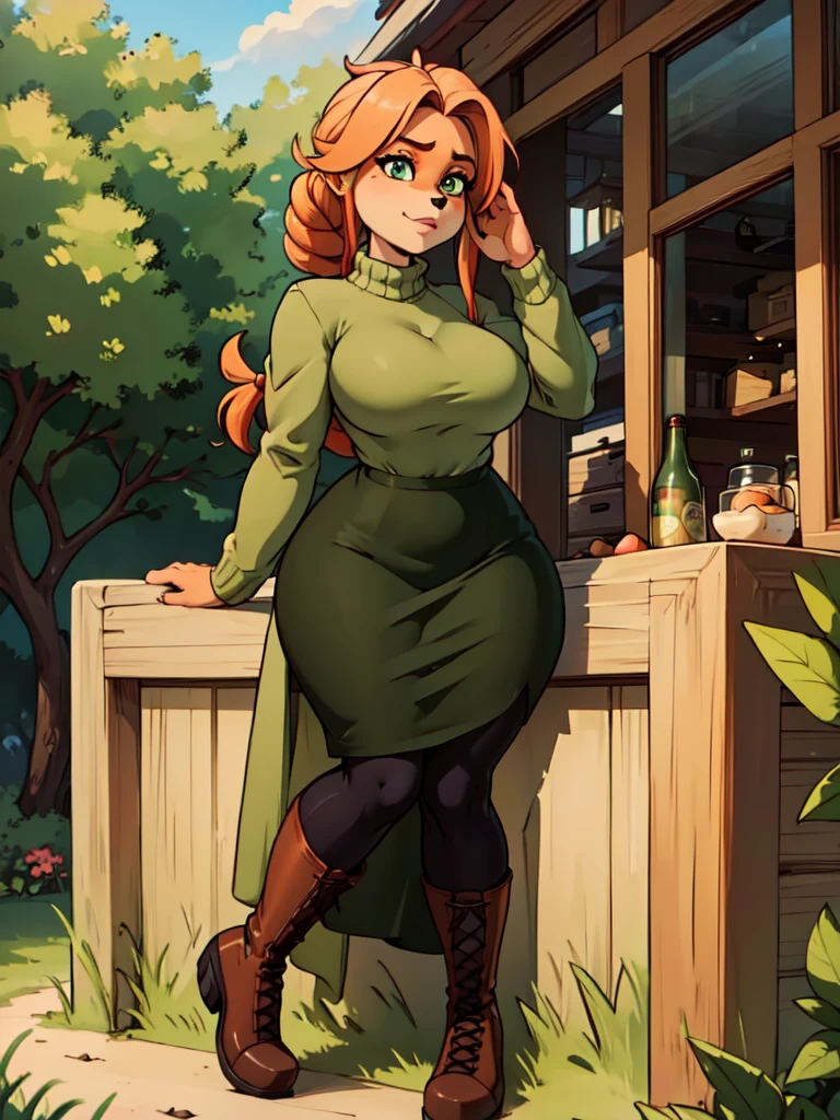 (best quality,4k,8k,highres,masterpiece:1.2),ultra-detailed,realistic:1.37,portrait,anthro bandicoot girl redhead, braided hair, beautiful green eyes, relaxing moment, sexy ,seductive, warm sweater dress, long skirt , black stocking, army boots, 