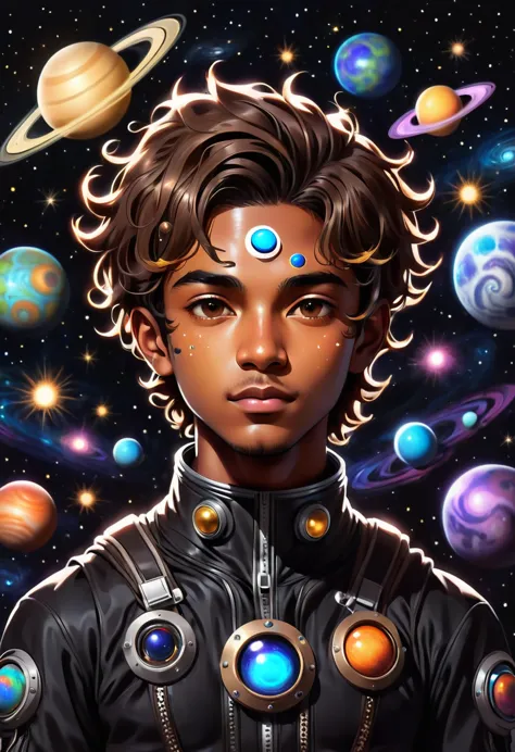"A young human man, light brown skin, with a third eye in the middle of the forehead, dressed in a black astronaut suit and helm...