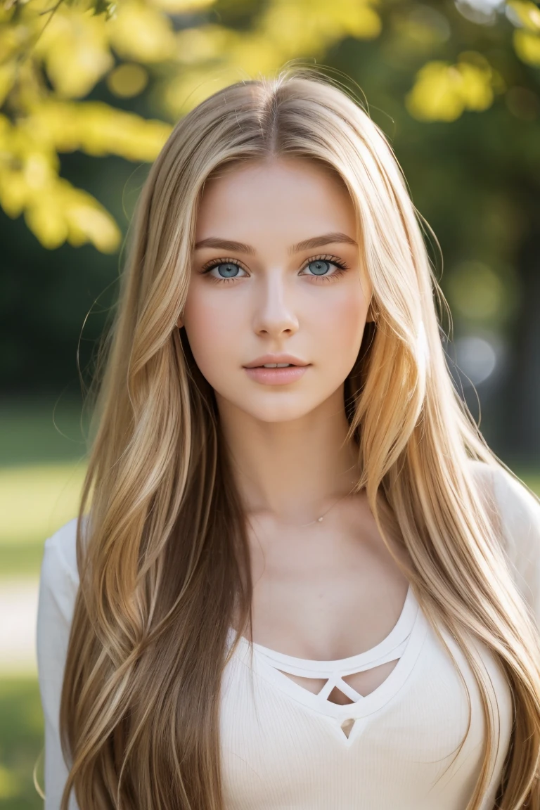 A photorealistic portrait of a 20-year-old russian girl with long, flowing blond hair and striking brown eyes. She should have a natural, approachable expression and be illuminated by soft, golden-hour sunlight. The background should be a scenic outdoor setting, perhaps a sunlit park or beach. Capture this image with a high- resolution photograph using an 85mm lens for a flattering perspective.