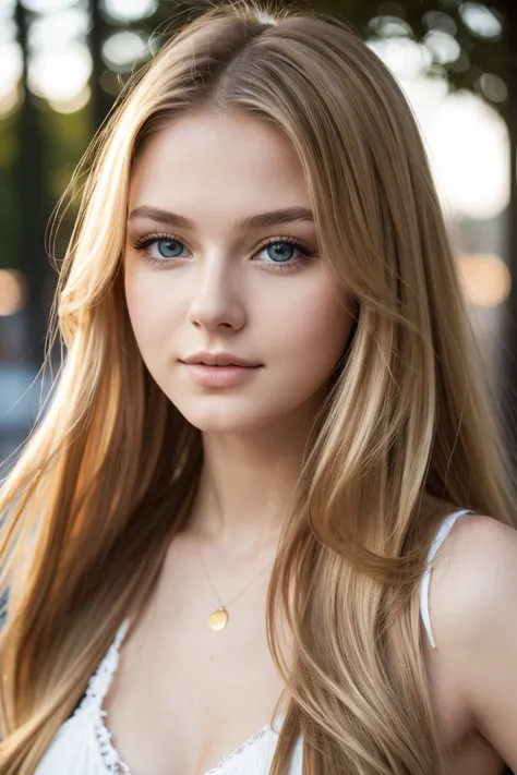 a photorealistic portrait of a 20-year-old russian girl with long, flowing blond hair and striking brown eyes. she should have a...