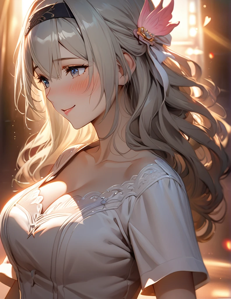 beautiful girl, long grey hair, beautiful face,smiling,close up to hips, beautiful breast, illustration,detailed textures(realists),ultra-detailed,portrait style,vivid colors,soft lighting, blushing, mature, hair fluttering, evening light , head band, ((half body)), wearing simple shirts , cleavage, ((side profile until hips)), very shy, Couple, wedding style, Wedding dress, White Tuxedo, love confession, heart, pink, magic, kissing,