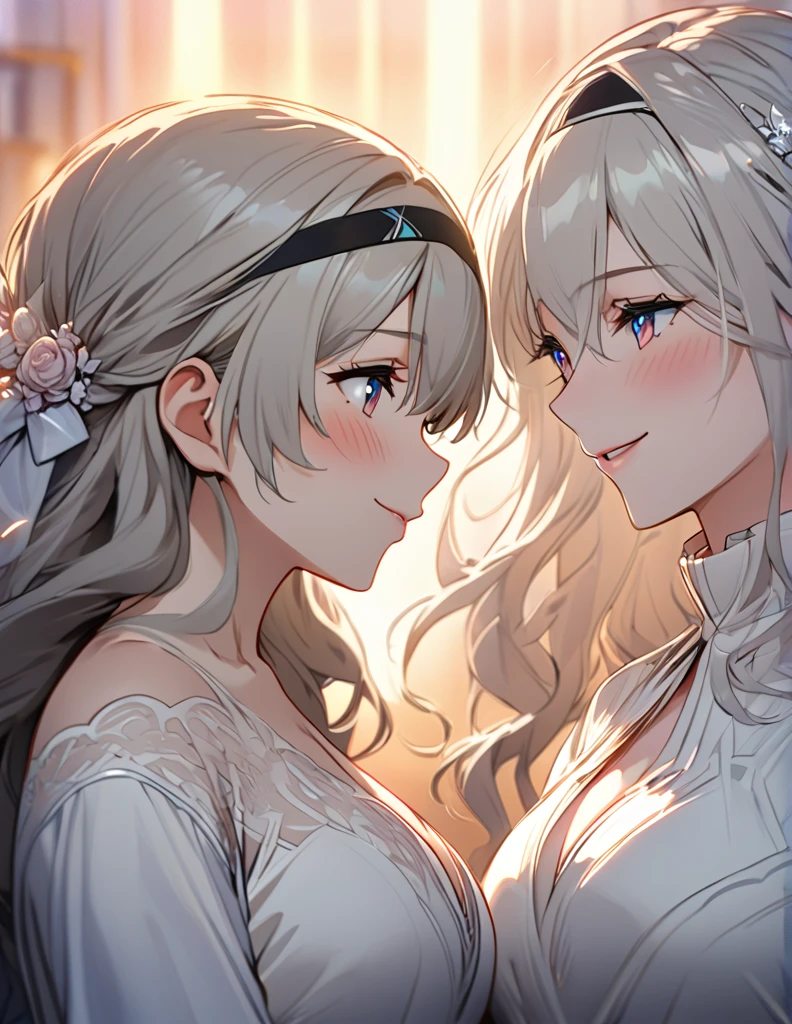 beautiful girl, long grey hair, beautiful face,smiling,close up to hips, beautiful breast, illustration,detailed textures(realists),ultra-detailed,portrait style,vivid colors,soft lighting, blushing, mature, hair fluttering, evening light , head band, ((half body)), wearing simple shirts , cleavage, ((side profile until hips)), very shy, Couple, wedding style, Wedding dress, White Tuxedo, love confession, heart, pink, magic, kissing,