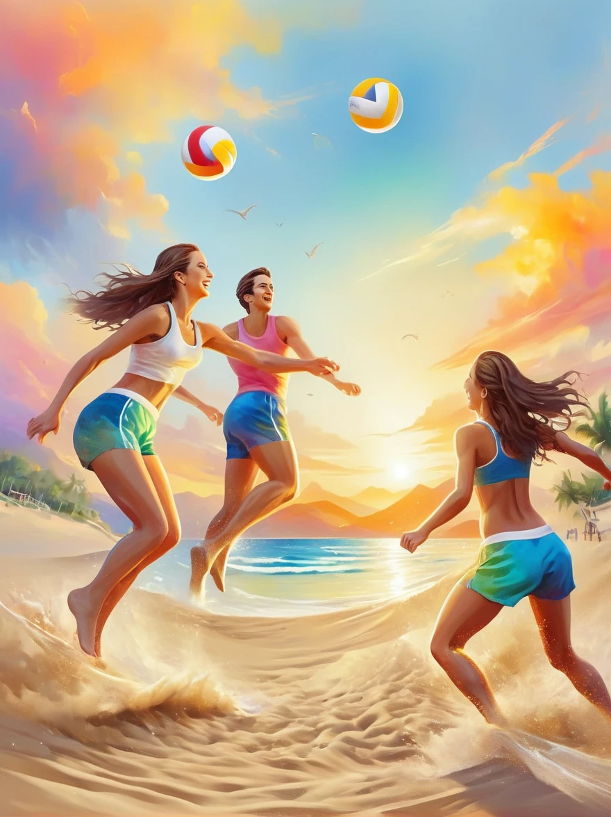 Un groupe de jeunes énergiques jouant au beach-volley，sur la plage，Océan，îles，coucher de soleil，Heure de grande écoute，nostalgie，mémoire，Tenue de sport，bonheur，sourire，(style de peinture à l&#39;huile，charmant，Couleurs vives), (Meilleure qualité，8k，haute résolution，chef-d&#39;œuvre)，ultra-détaillé