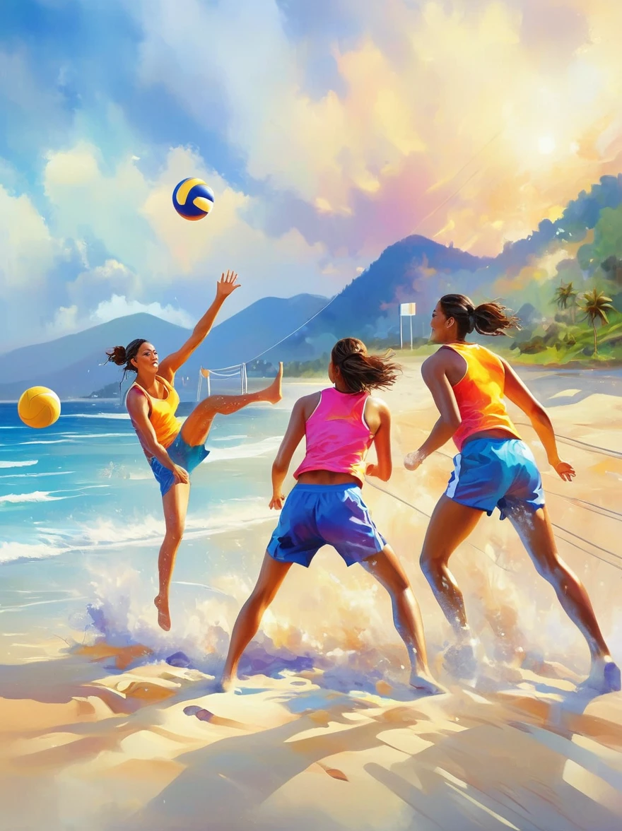 Eine Gruppe energischer junger Leute spielt Beachvolleyball，am Strand，Ozean，Inseln，Sonnenuntergang，Prime Time，Nostalgie，Erinnerung，Sport，Glück，lächeln，(Ölgemälde-Stil，charmant，lebendige Farben), (beste Qualität，8K，Hohe Auflösung，Meisterwerk)，ultra-detailliert