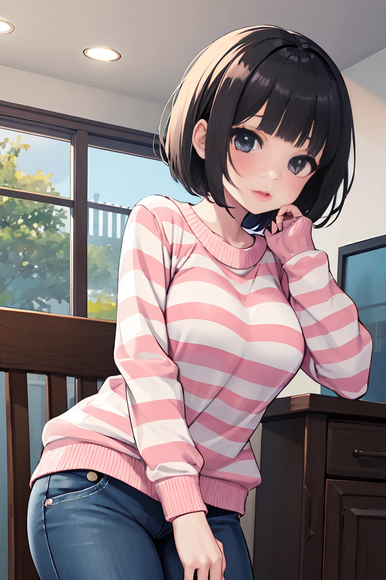 1 girl, White skin, short black hair with straight bangs, big shiny black eyes, pink lips, blush, striped shirt, college style sweater, blue jeans, cute face, anime, HD