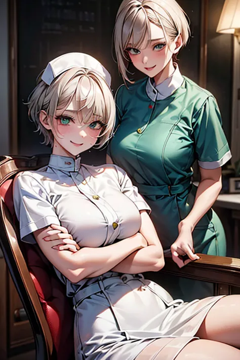 (sexy:1.3),1 beautiful woman,1 cute girl,white nurse's outfit,folding one's arms,spread legs,sitting in a chair,drooping eyes,sm...