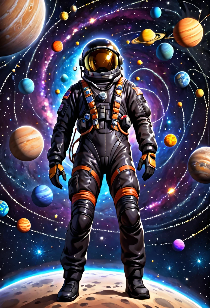 "A young human man, light brown skin, with a third eye in the middle of the forehead, dressed in a black astronaut suit and helmet, full body is floating in outer space. Around, there are planets of different sizes and colors, bright stars and several spiral galaxies on dark space background.