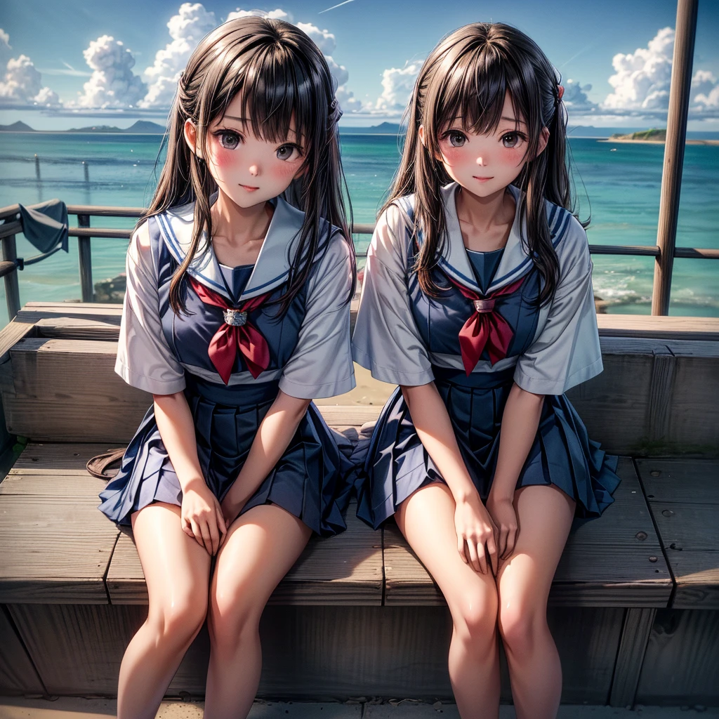 ((最high quality, 8K, masterpiece: 1.3, Ultra HD, high quality, 最high quality, High resolution, realism)) 、Very beautiful 18 year old Japanese schoolgirl、I'm wearing a sailor suit、Wearing a navy blue pleated skirt、Wear loafers、Hair  is light brown、black eye、Medium Hair、Straight hair、smile、sit on a high breakwater on the beach、The blue sky is beautiful、There is a road in front of the breakwater..、The sea is beautiful、Beautiful horizon、 An island is visible offshore、Entering the clouds above the horizon、Island Lighthouse