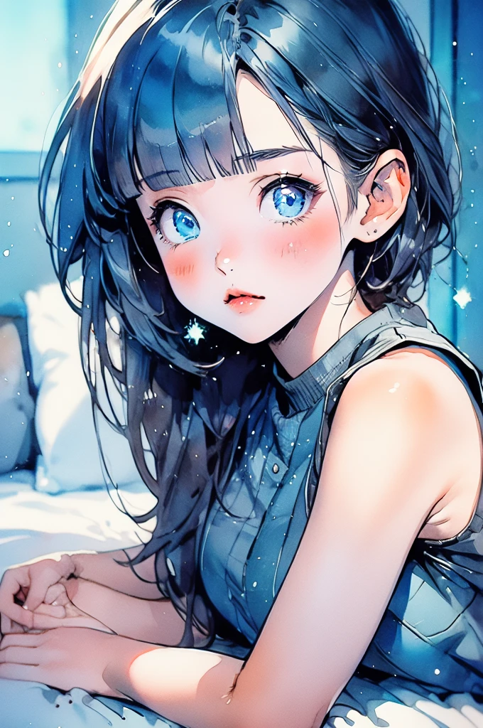 manga style, classical, art by akira toriyama, (1girl) ,((lomg black hair with pastel blue highlights, hime cut, blunt bangs)), white shirt, black vest,  gray maxi mini skirt, sparkling eyes, crystal blue eyes, laying in bed ,bedroom background, detailed bedroom,blush