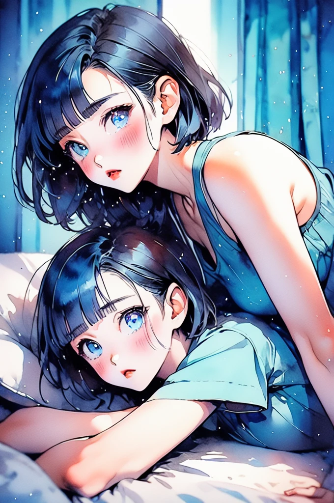 manga style, classical, art by akira toriyama, (1girl) ,((lomg black hair with pastel blue highlights, hime cut, blunt bangs)), white shirt, black vest,  gray maxi mini skirt, sparkling eyes, crystal blue eyes, laying in bed ,bedroom background, detailed bedroom,blush