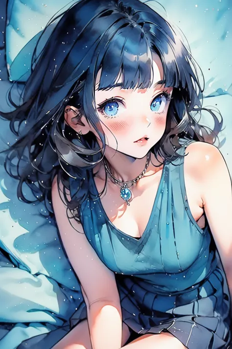 manga style, classical, art by akira toriyama, (1girl) ,((lomg black hair with pastel blue highlights, hime cut, blunt bangs)), ...