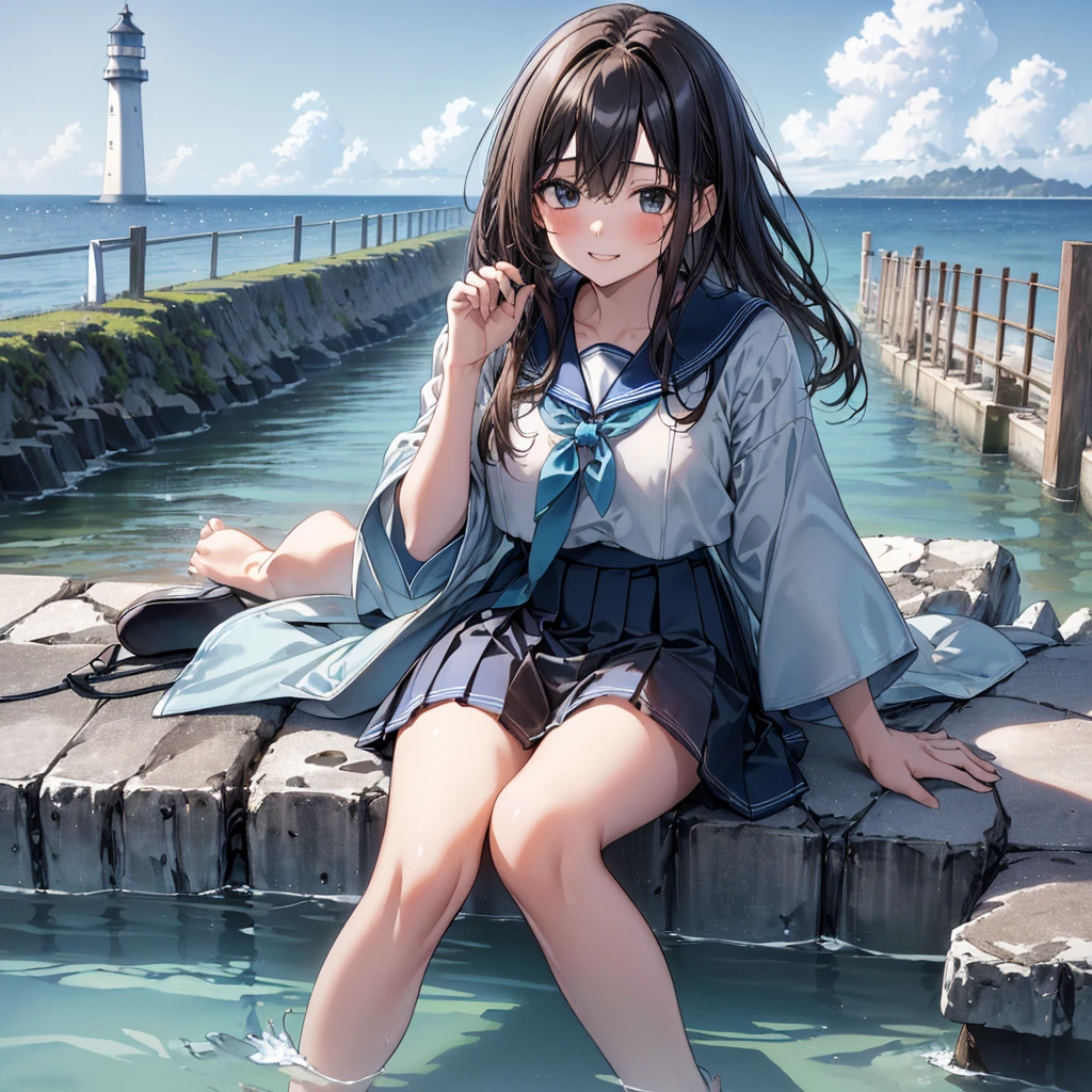 ((最high quality, 8K, masterpiece: 1.3, Ultra HD, high quality, 最high quality, High resolution, realism)) 、Very beautiful 18 year old Japanese schoolgirl、I'm wearing a sailor suit、Wearing a navy blue pleated skirt、Wear loafers、Hair  is light brown、black eye、Medium Hair、Straight hair、smile、sit on a high breakwater on the beach、The blue sky is beautiful、There is a road in front of the breakwater..、The sea is beautiful、Beautiful horizon、 An island is visible offshore、Entering the clouds above the horizon、Island Lighthouse