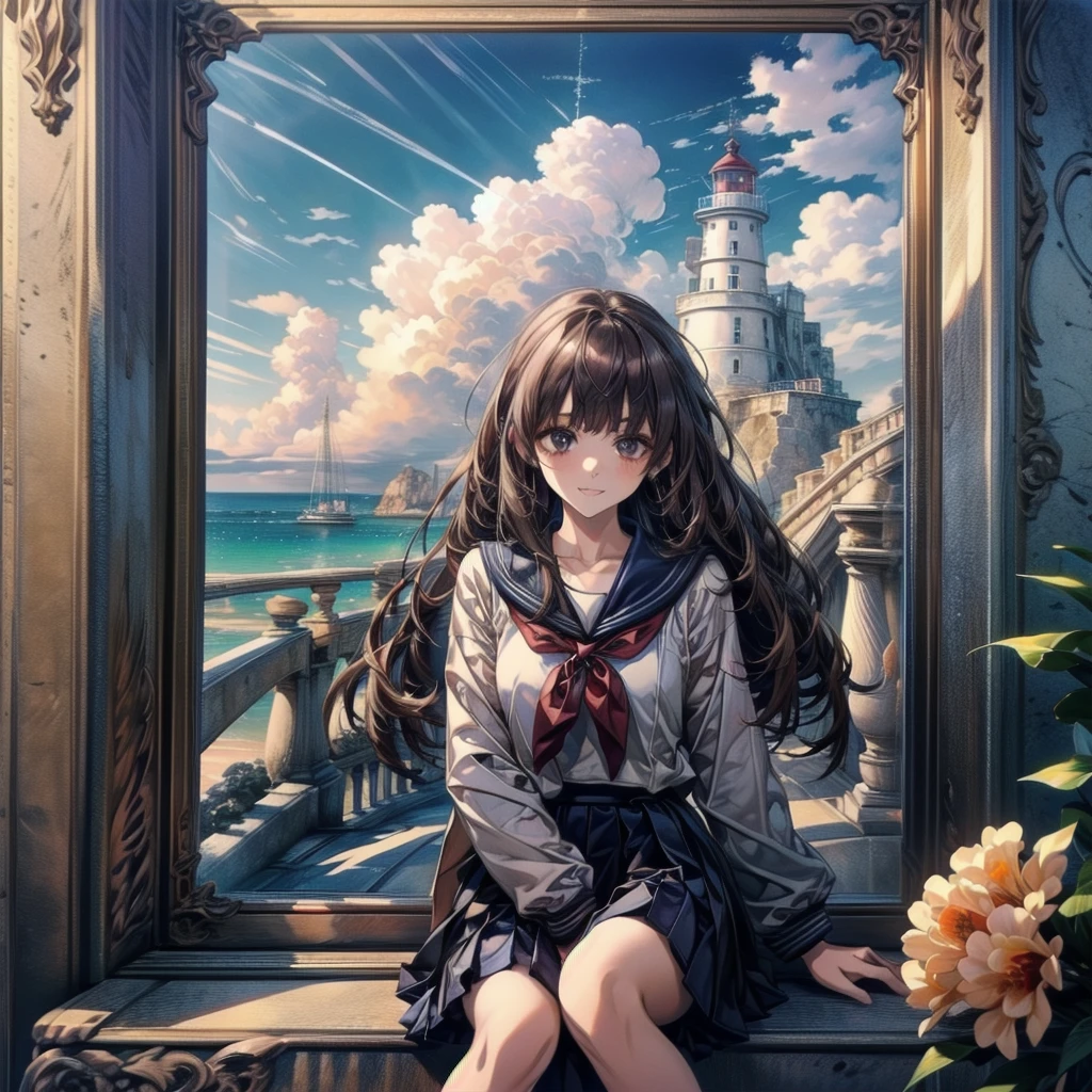 ((最high quality, 8K, masterpiece: 1.3, Ultra HD, high quality, 最high quality, High resolution, realism)) 、Very beautiful 18 year old Japanese schoolgirl、I'm wearing a sailor suit、Wearing a navy blue pleated skirt、Wear loafers、Hair  is light brown、black eye、Medium Hair、Straight hair、smile、sit on a high breakwater on the beach、The blue sky is beautiful、There is a road in front of the breakwater..、The sea is beautiful、Beautiful horizon、 An island is visible offshore、Entering the clouds above the horizon、Island Lighthouse