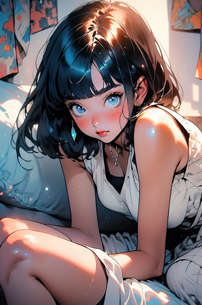 manga style, classical, art by akira toriyama, (1girl) ,((lomg black hair with pastel blue highlights, hime cut, blunt bangs)), white shirt, black vest,  gray maxi mini skirt, sparkling eyes, crystal blue eyes, laying in bed ,bedroom background, detailed bedroom,blush