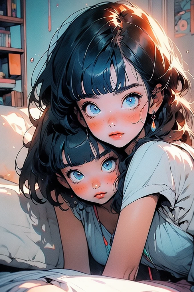 manga style, classical, art by akira toriyama, (1girl) ,((lomg black hair with pastel blue highlights, hime cut, blunt bangs)), white shirt, black vest,  gray maxi mini skirt, sparkling eyes, crystal blue eyes, laying in bed ,bedroom background, detailed bedroom,blush