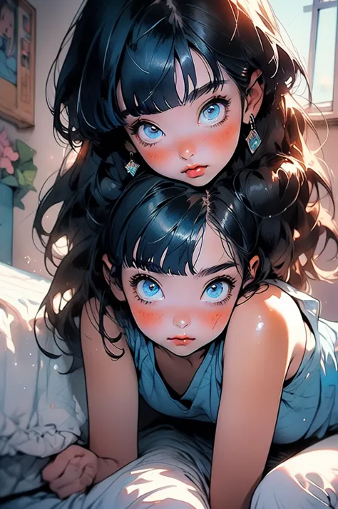 manga style, classical, art by akira toriyama, (1girl) ,((lomg black hair with pastel blue highlights, hime cut, blunt bangs)), ...