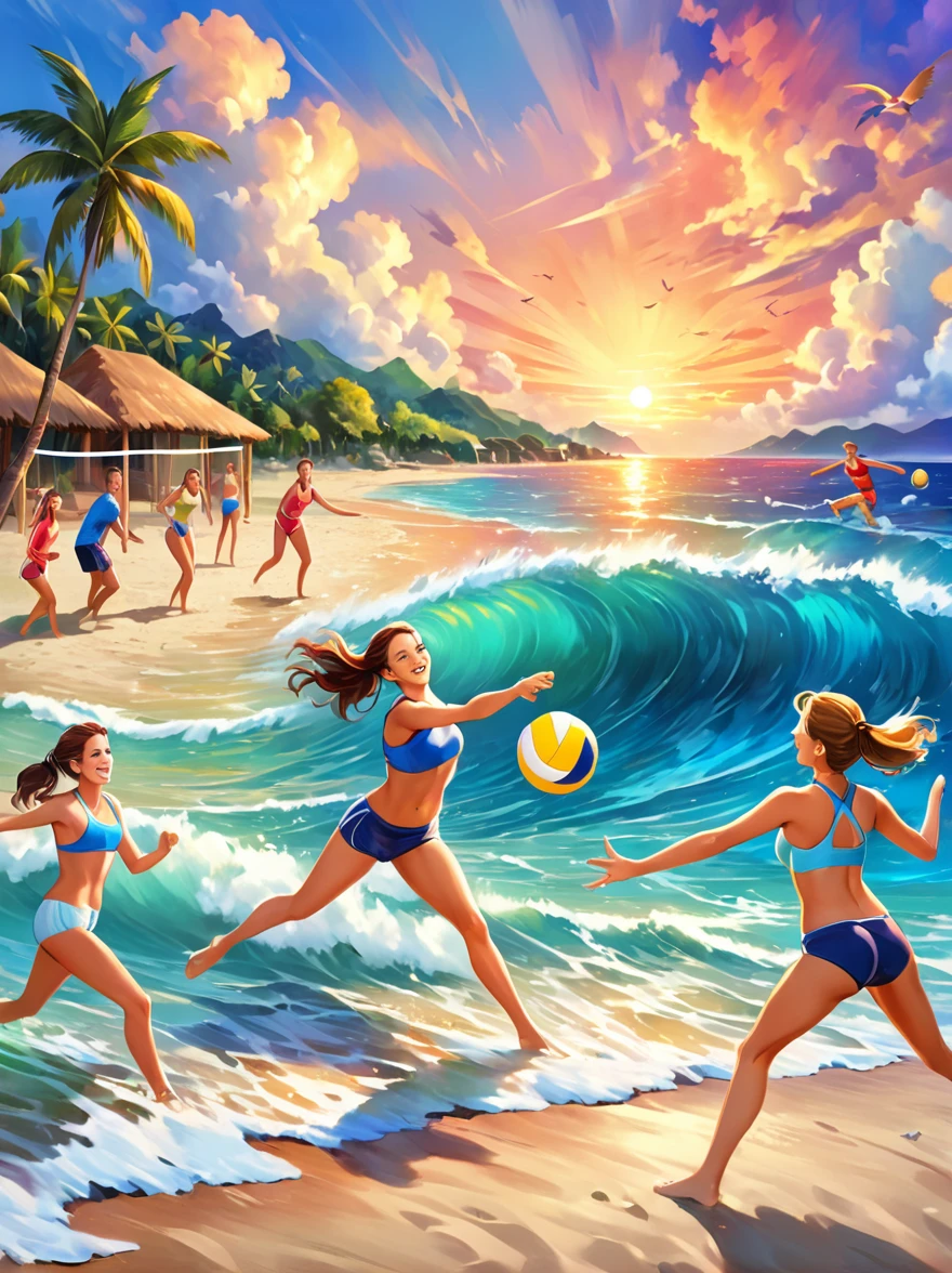 A group of energetic young people playing beach volleyball，on the beach，ocean，islands，Sunset，Prime Time，Nostalgia，memory，Sportswear，hapiness，Smile，(Oil painting style，charming，Vivid colors), (Best quality，8K，high resolution，masterpiece)，Ultra-detailed