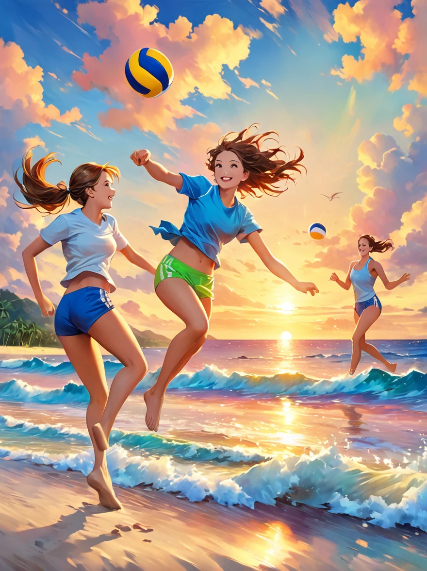 Um grupo de jovens enérgicos jogando vôlei de praia，na praia，oceano，ilhas，pôr do sol，Prime Time，Nostalgia，memória，roupa de esporte，felicidade，sorriso，(estilo de pintura a óleo，encantador，cores vivas), (melhor qualidade，8K，Alta resolução，obra de arte)，Ultra-detalhado