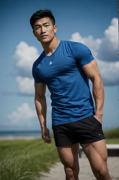 A handsome, muscular young Asian man looks at the camera. In a simple blue t-shirt , Fieldside, grass, beach, sunlight