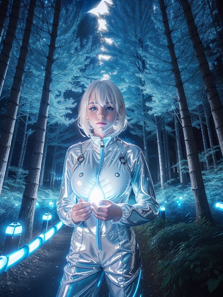 (shiny white skin:1.4),(shiny girl with bigbreast:1.5),(cute face:1.0) , (white hair:1.2),(mysterious blue glowing trees at night :1.5) ,(metallic white coverall:1.3),(bangs:1.2)