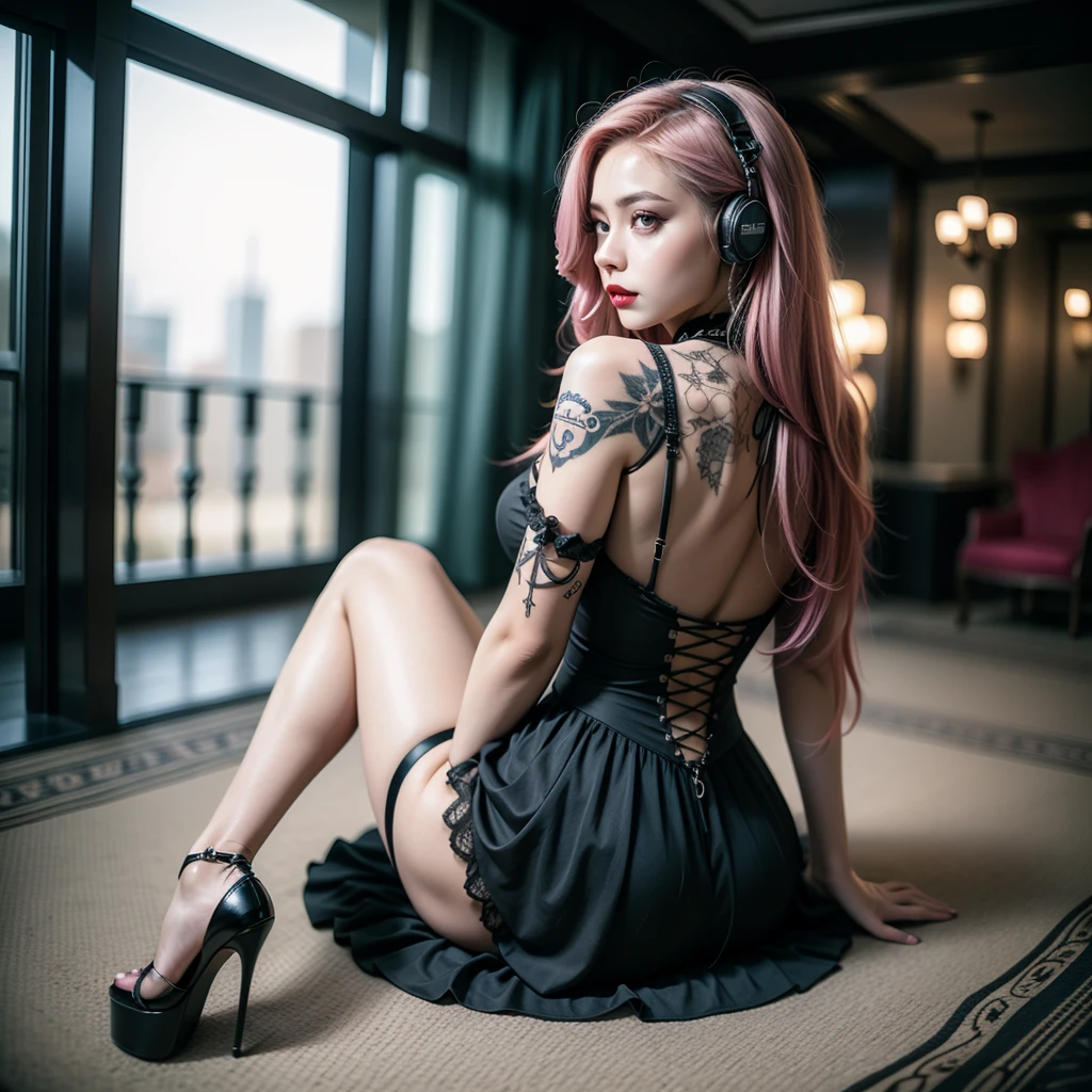 1 femme avec un dos tatoué au sommet d&#39;un hôtel 5 étoiles, Vue de l&#39;horizon. femme fine et délicate, tout le corps, Réaliste, pupilles roses, Beaux yeux, long cils, yeux en amande, lèvres rouges maquillées, style gothique. vêtements gothiques serrés, détails complexes, détails vifs, peau détaillée, corps détaillé, Couleurs vives, bokeh, long cheveux colorés, cheveux longs, cheveux lâches, cheveux colorés, peau détaillée, écouter de la musique, Jolie figurine. Jambes sensuelles avec des courbes, corps séduisant. 1 fille. regarde vers l&#39;horizon. pose dynamique.