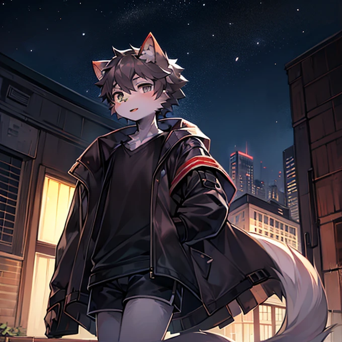 cute boy，4K，high quality，Starry Sky，night，Real skies，Modern urban landscape，High-rise，roof，Sunlight，Cat with very soft fur，Black-gray hair，Black square，Wearing a see-through baggy jacket and shorts，character focus，Intricate details，（Japanese anime style）