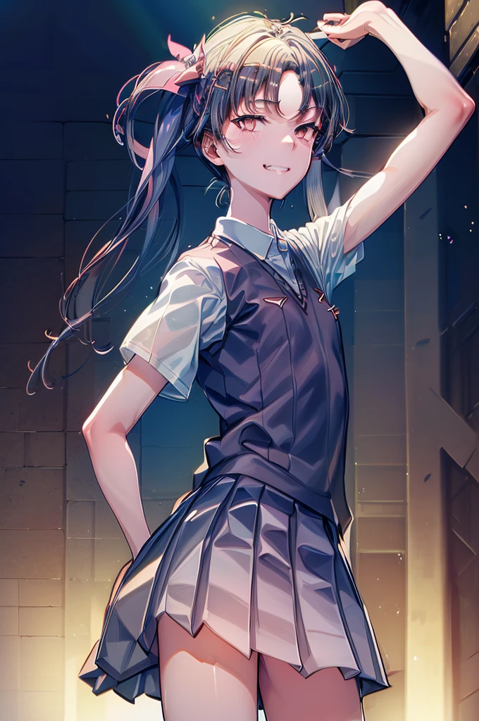 Kuroko Shirai, (Tokiwadai Junior High School Uniforms:1.5), Twin tails, Arms up, (masterpiece, Absurd quality, Highest quality, Official Art, beautifully、aesthetic:1.2), 16K, Very detailed, Most detailed, Sharp focus,), By famous artists, (Conversion Sequence), (difficult:1.8), (Simple blank background:2.0), Minimalism, sketch, (cowboy shot:1.5), (double exposure:1.5), kaleidoscopic, sketch, (floating hair:1.5), from below, (evil smile:1.5), Minimalism, (Silhouette:1.5), from front, crazy smile, Crazy pose, silhouette, 