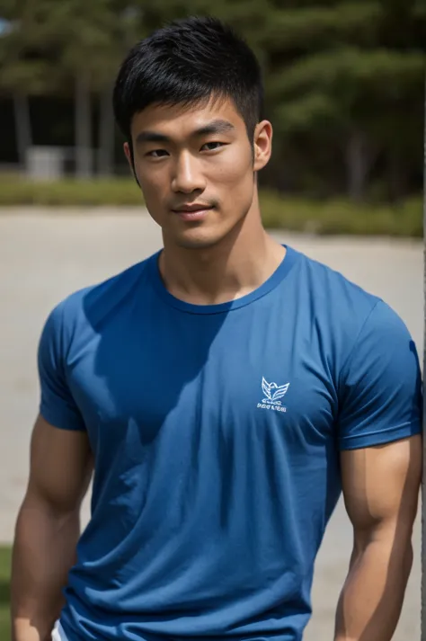 a handsome, muscular young asian man looks at the camera. in a plain blue t-shirt , fieldside, grass, beach, sunlight