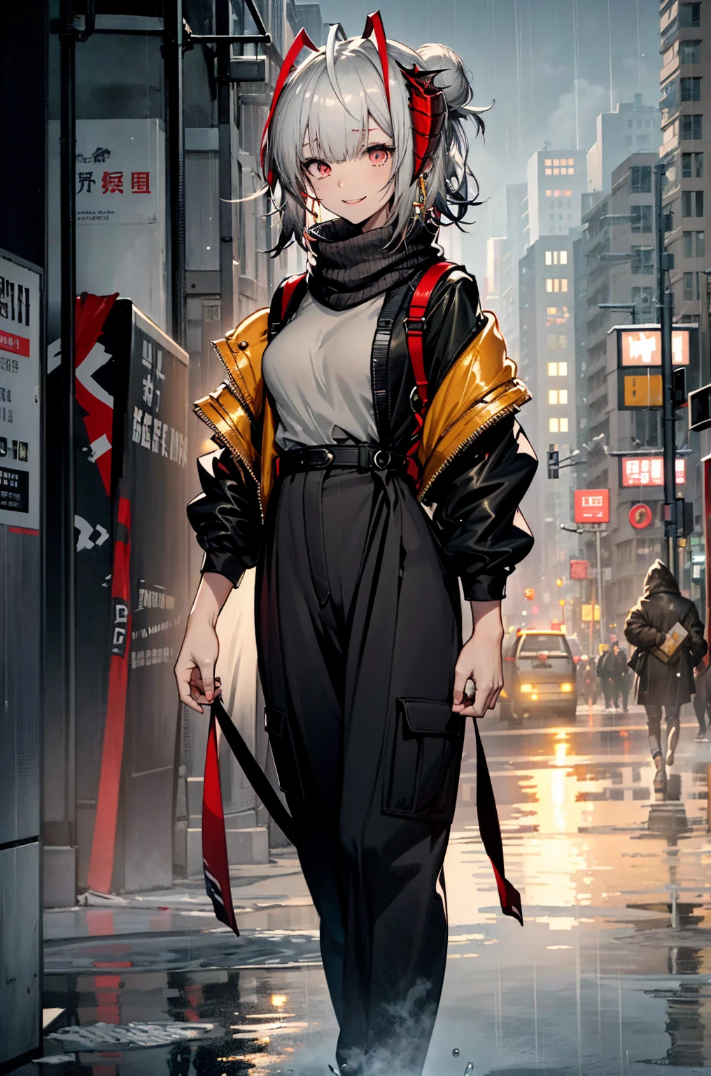 Beautiful masterpiece, weveningdress，best quality, Illustration style，smile， Anime Girl, beautiful eyes, summer, Wide leg pants, small, Heartwarming, Youthful and beautiful,,Regular Clothes，Black and white,, showing a natural casual style. Dynamic posture contains the golden ratio, China, White space, Strong contrast between light and shadow, Super texture, Super clear and concise pictures, presenting extremely beautiful, Elegant temperament, subtle facial expressions, City background, rain, Road area water reflection，one person