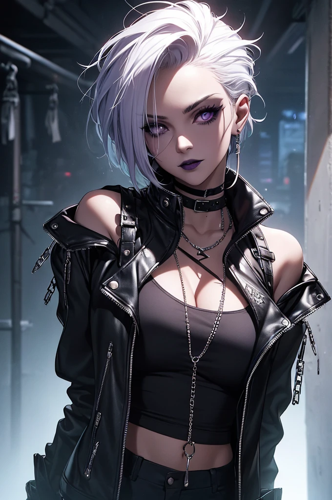 a punk girl, student, hooligan, short messy white hair, purple eyes, black punk clothes, punk, chains, black sleeveless top, baggy black pants, sadistic smile, aggressive, dark purple lipstick, thug, (best quality,4k,8k,highres,masterpiece:1.2),ultra-detailed,(realistic,photorealistic,photo-realistic:1.37),cinematic lighting,dramatic shadows,gothic,dark fantasy,moody,dramatic, leather jacket hanging from the shoulders pumped up muscles