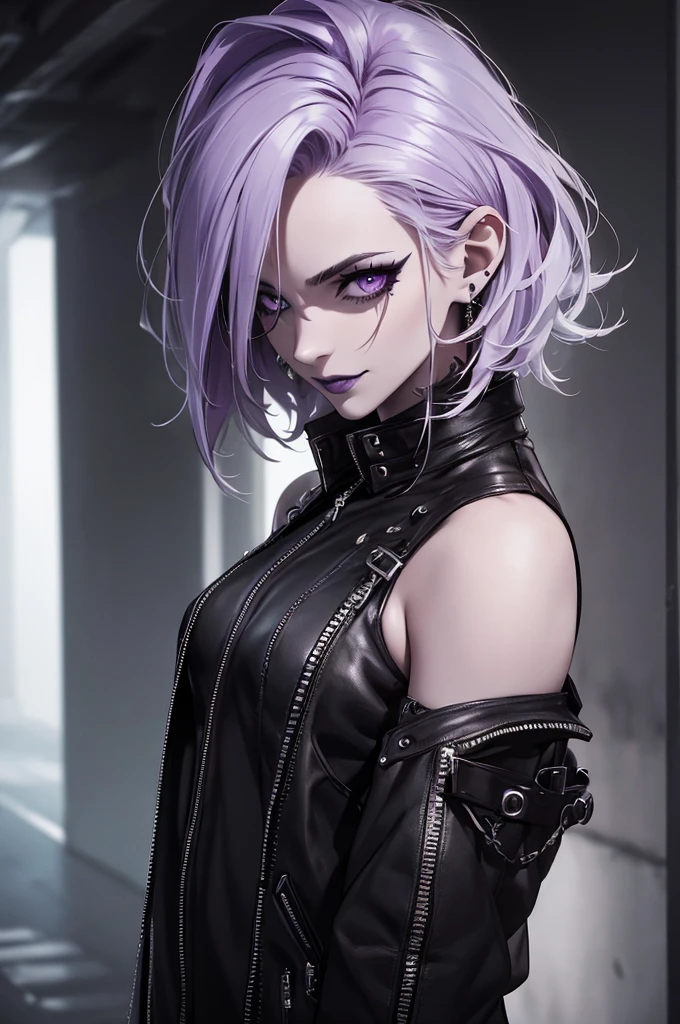 a punk girl, student, hooligan, short messy white hair, purple eyes, black punk clothes, punk, chains, black sleeveless top, baggy black pants, sadistic smile, aggressive, dark purple lipstick, thug, (best quality,4k,8k,highres,masterpiece:1.2),ultra-detailed,(realistic,photorealistic,photo-realistic:1.37),cinematic lighting,dramatic shadows,gothic,dark fantasy,moody,dramatic, leather jacket hanging from the shoulders pumped up muscles