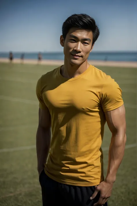 a handsome, muscular young asian man looks at the camera. in a plain yellow t-shirt , fieldside, grass, beach, sunlight