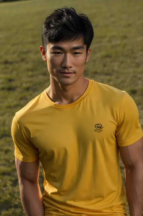 a handsome, muscular young asian man looks at the camera. in a plain yellow t-shirt , fieldside, grass, beach, sunlight