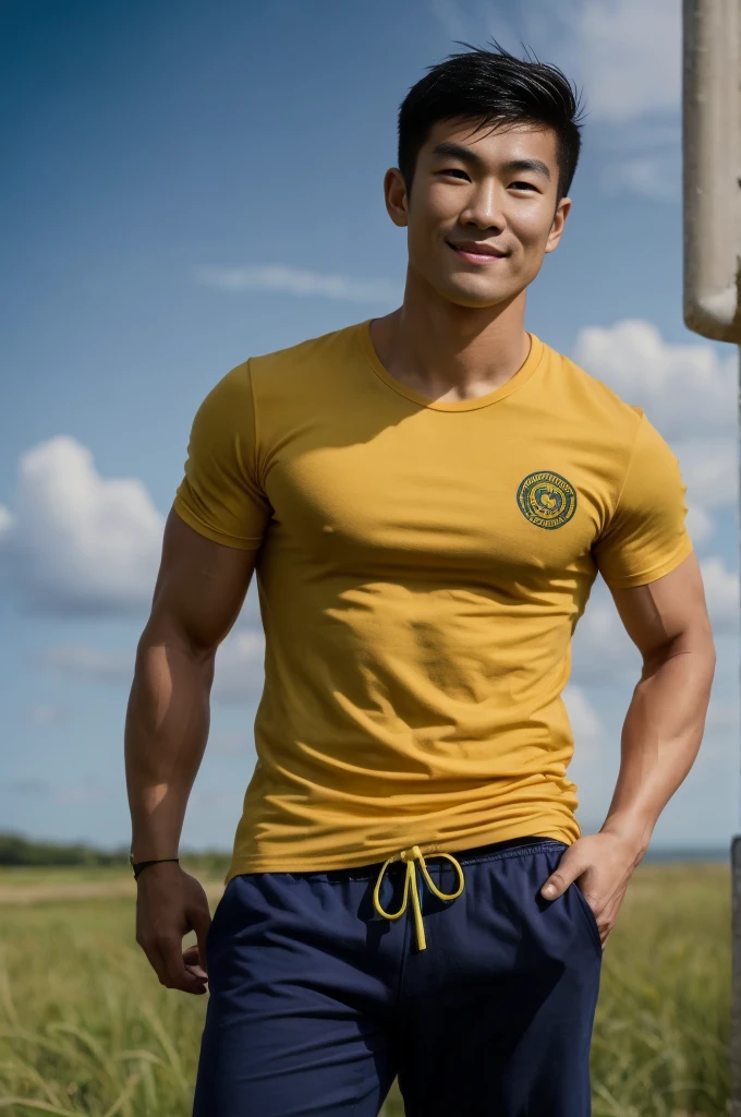 ein hübscher, muskulöser junger asiatischer Mann schaut in die Kamera. In einem schlichten gelben T-Shirt , Feldseite, grass, Strand, Sonnenlicht