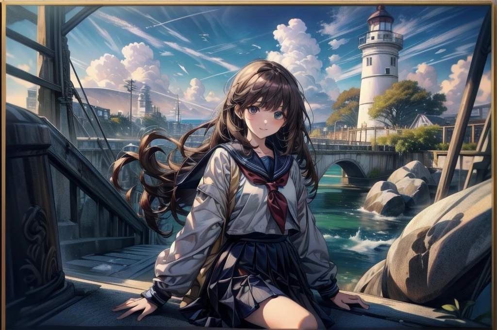 ((最high quality, 8K, masterpiece: 1.3, Ultra HD, high quality, 最high quality, High resolution, realism)) 、Very beautiful 18 year old Japanese schoolgirl、I'm wearing a sailor suit、Wearing a navy blue pleated skirt、Wear loafers、Hair  is light brown、black eye、Medium Hair、Straight hair、smile、sit on a high breakwater on the beach、The blue sky is beautiful、There is a road in front of the breakwater..、The sea is beautiful、Beautiful horizon、 An island is visible offshore、Entering the clouds above the horizon、Island Lighthouse