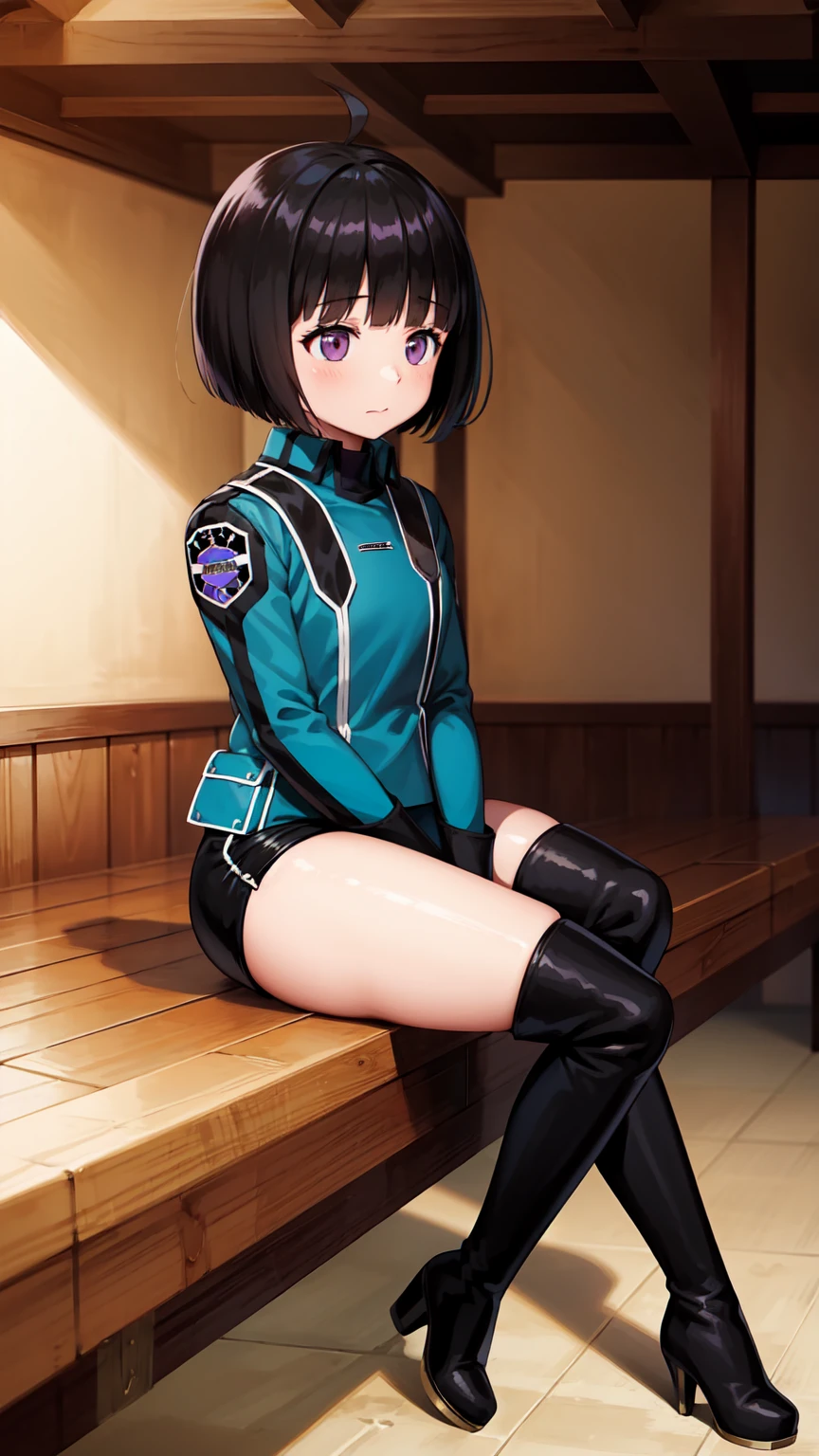 One Girl, alone, amateur_chika, short hair, Black Hair, Blunt bangs, Bobcut, Ahoge, Purple eyes, Long sleeve, Blue jacket, uniform, Black Shirt, turtleneck, Symbolism, Short black shorts, Black boots, , Cowboy Shot、Thighs、Black thigh-high boots、（（（黒のHigh heels）））whole body, face, high quality, masterpiece, 超High resolution, high quality, Attention to detail, 最high quality, High resolution、 blush, View your viewers, Cowboy Shot, indoor, bar、Sitting、足を組んでSitting、High heels