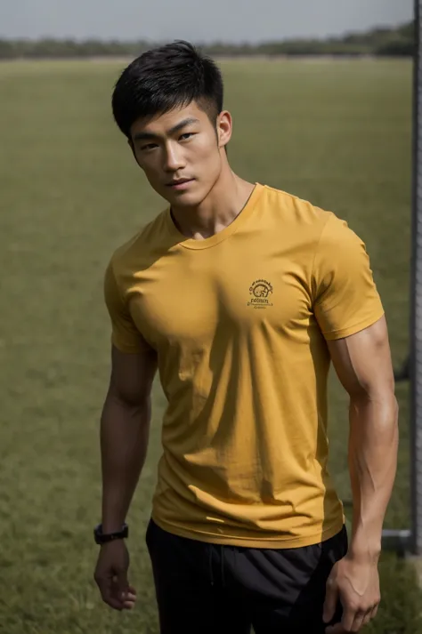 a handsome, muscular young asian man looks at the camera. in a plain yellow t-shirt , fieldside, grass, beach, sunlight