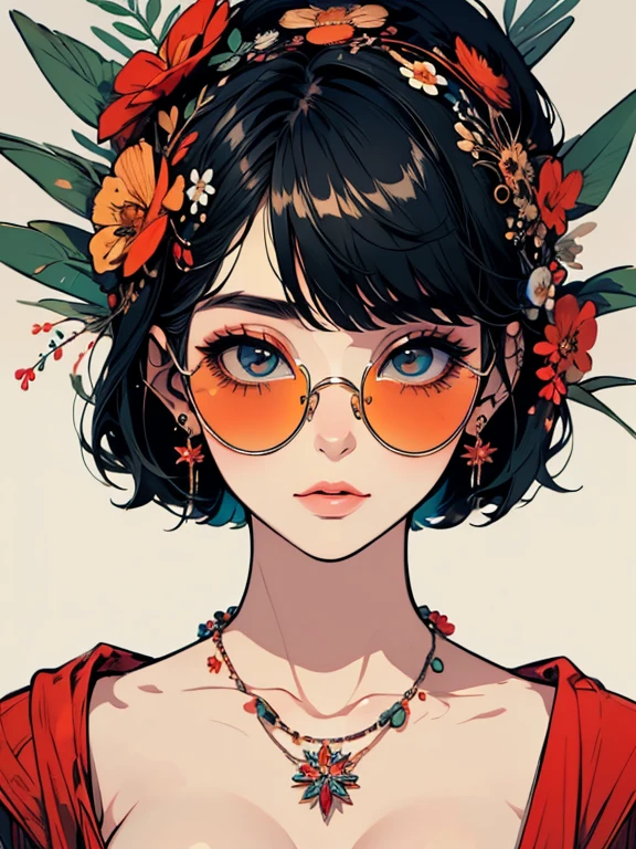 (masterpiece:1.2), Highest quality,sexy,Big Breasts, alone, Colored glasses, jewelry, hair ornaments, View your viewers,One girl, short hair,Earrings,  flower, Colored glasses, sunglasses, necklace, bangs, Black Hair、 Round Glasses, Earrings