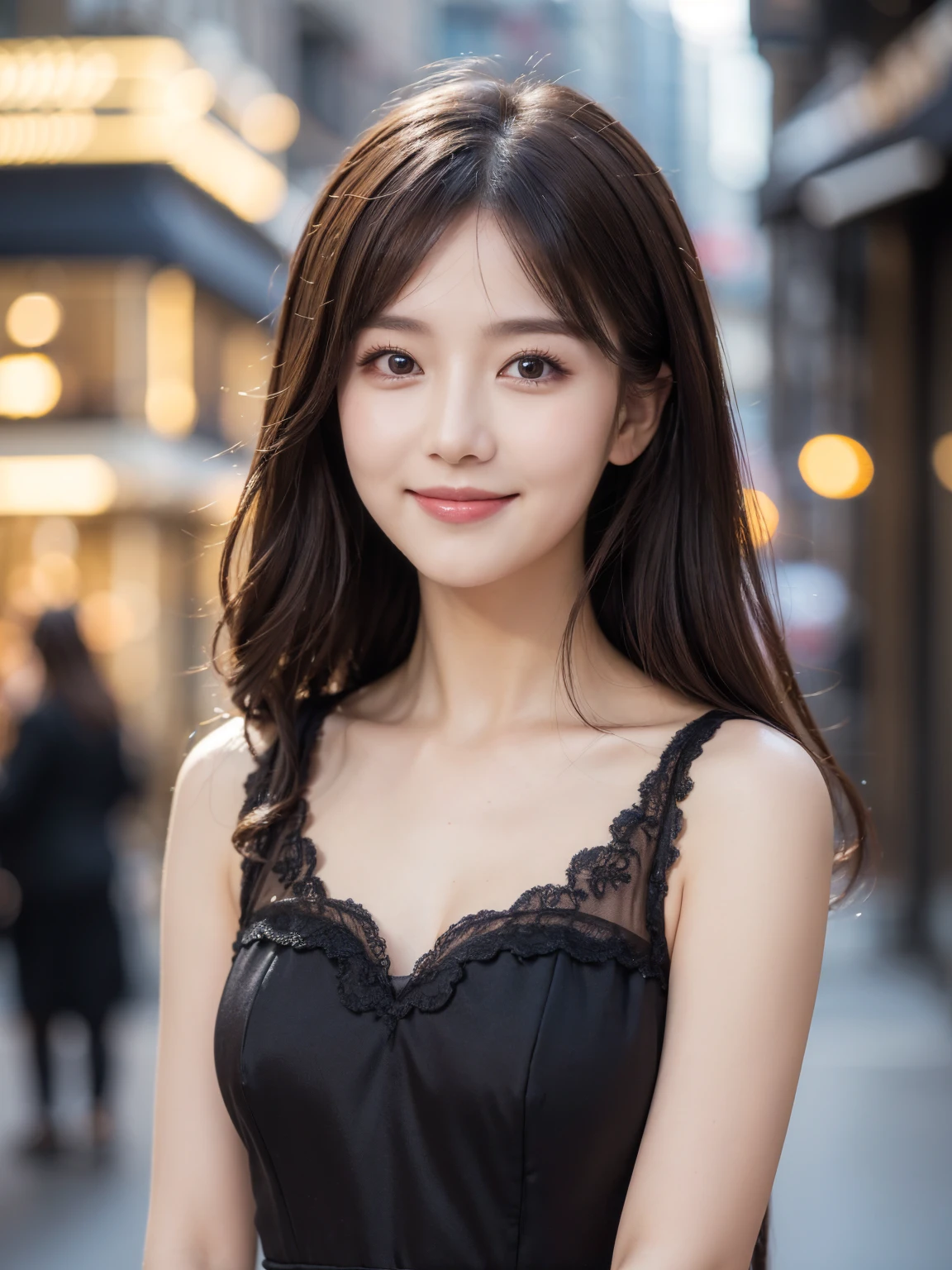 ((best quality, 8K, masterpiece :1.3)), 1 girl, smiling, whole body, face slimming, Pretty Woman, (dark brown hair), full length dress :1.1, very detailed face, delicate eyes, double eyelid, blurred background, face slimming, city, Out, distance,