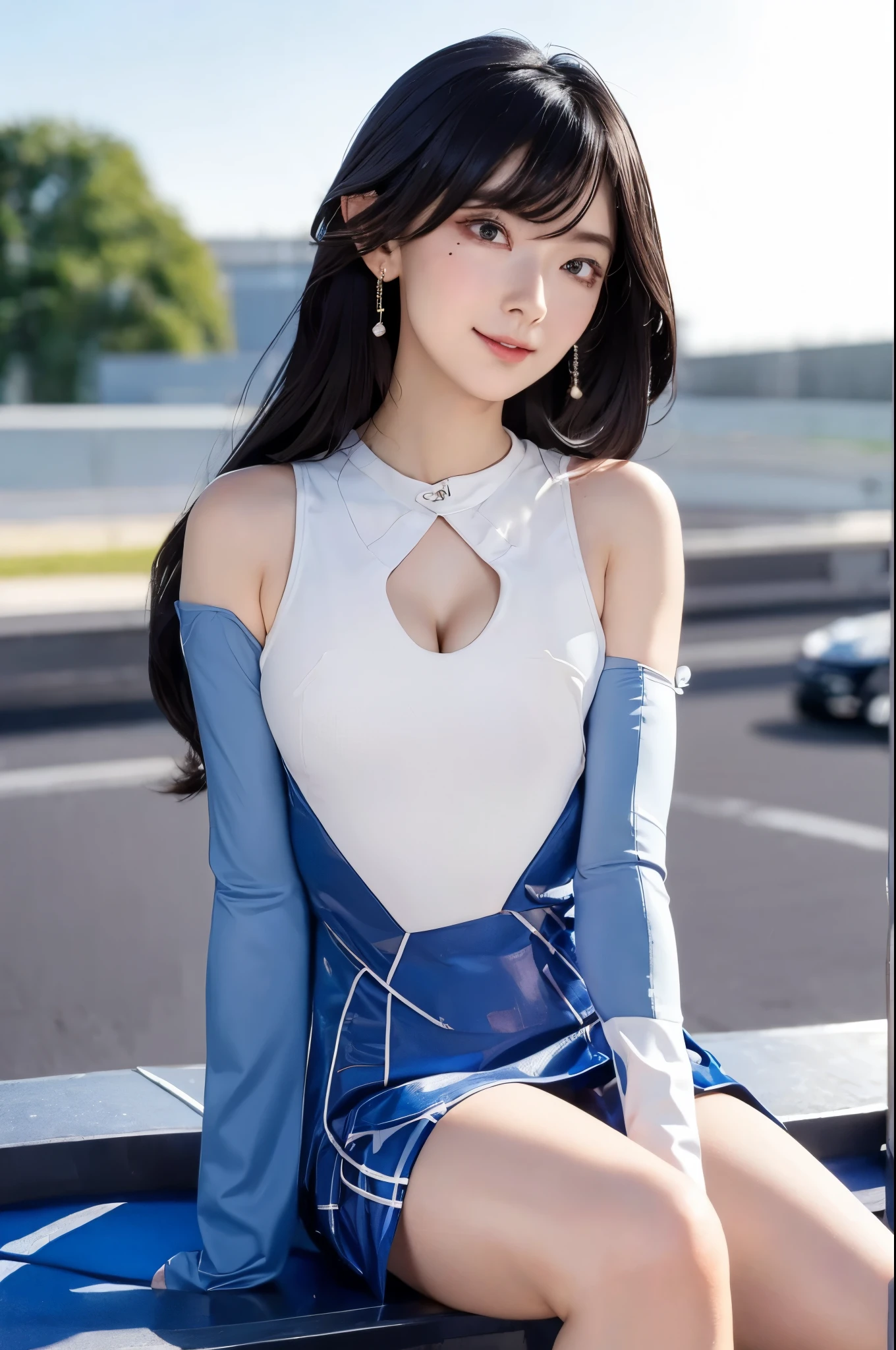 ((Medium Long Hair:1.3)), ((straight legs:1.3)),(Mole under the corner of the right eye:1.2),8k, Tabletop, RAW Photos, Highest quality, Very detailedな CG Unity 8k 壁紙, Written boundary depth, Natural light, Lens flare, Ray Tracing, (Very beautiful face, Beautiful Lips, Beautiful Eyes), Exquisitely detailed face, ((Very detailedな肌)) One Girl, Cute Korean Girl, K-POPアイドル, ((1 Girl)), (Very slim and slender fit muscular body:1.3), ((The whole body is facing upwards:1.3)),((View your audience)),(A shy smile:1.3), Clear Eyes, (Pale skin), (Big eyes),(Black Hair),, ((Her cleavage is visible:1.3)),Open chest, Very slim, Medium Chest, in front of the eyebrows, Thick thighs,D cup breasts,Highest quality, Highest quality, 16K, Unbelievably absurd, Very detailed, 2.5D, delicate and dynamic, blue sky, Confetti, Racing Car, flag, Very delicate facial expressions, Delicate eye depiction, Very fine hair,erotic, Sexy woman, Healthy body shape, Race Queen,  Large, firm, swaying bust, Sexy long legs, Glowing Skin, , ((Flashy Race Queen costume, Blue tight skirt, White Leather Long Boots, Formula 1, Automobile Racetrack、Audience seats、Stadium、A blue sports car is parked in the background、Racetrack))、Racing Car、Embellished bodysuit、Lined bodysuit、Plaid、looking at the camera、Hair blowing in the wind